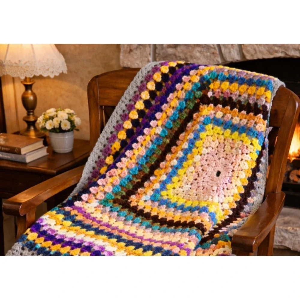 Retro Crochet Granny Square Lap Blanket Multicolor Handmade Afghan 40x40